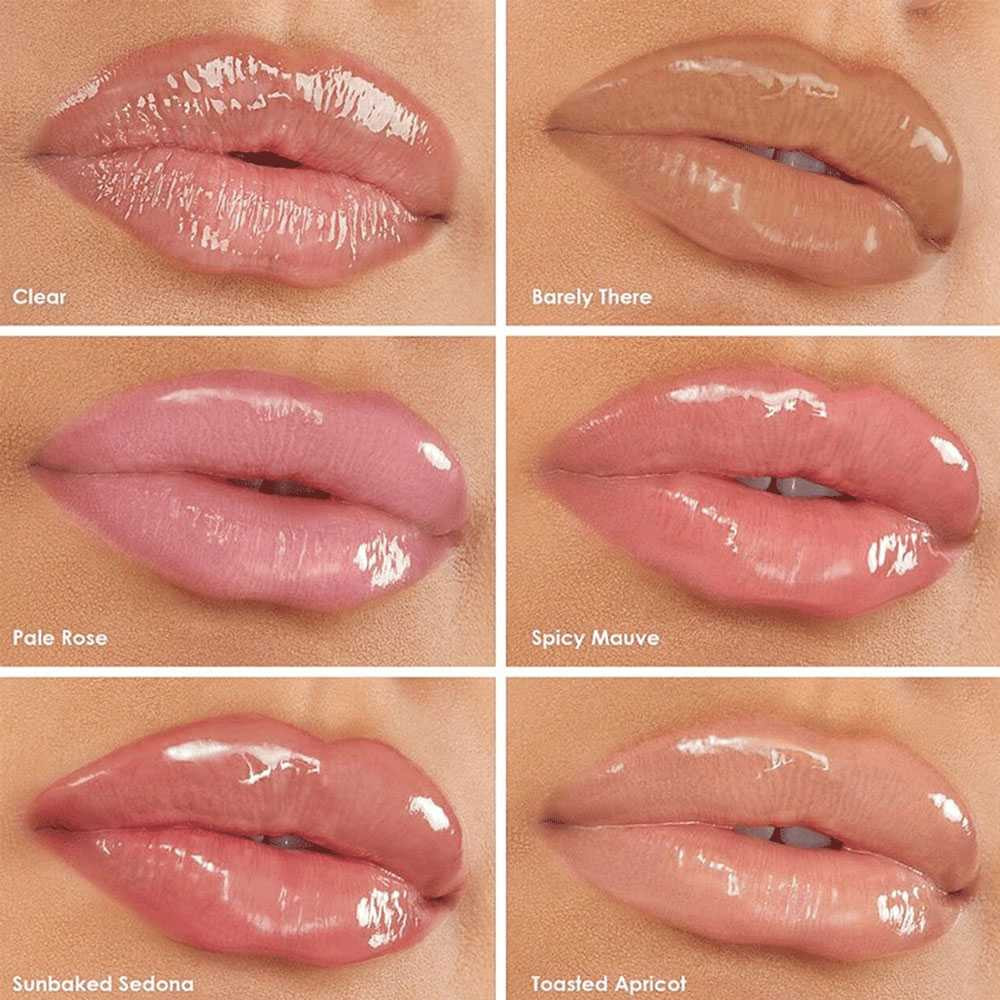 Lip swatches of six GrandeLIPS shades: Clear, Barely There, Pale Rose, Spicy Mauve, Sunbaked Sedona, Toasted Apricot