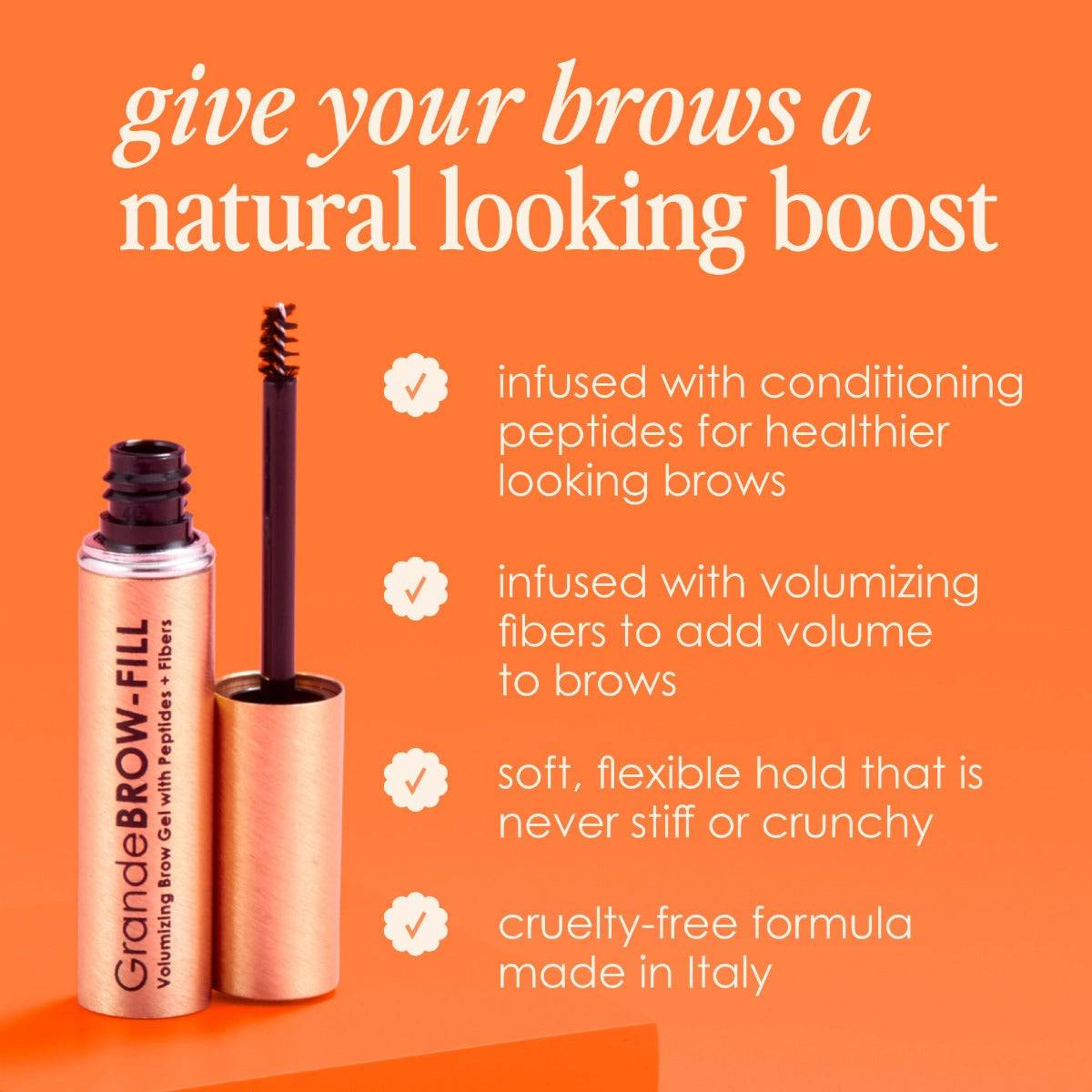 GrandeBROW-FILL tube and wand with key features list on orange