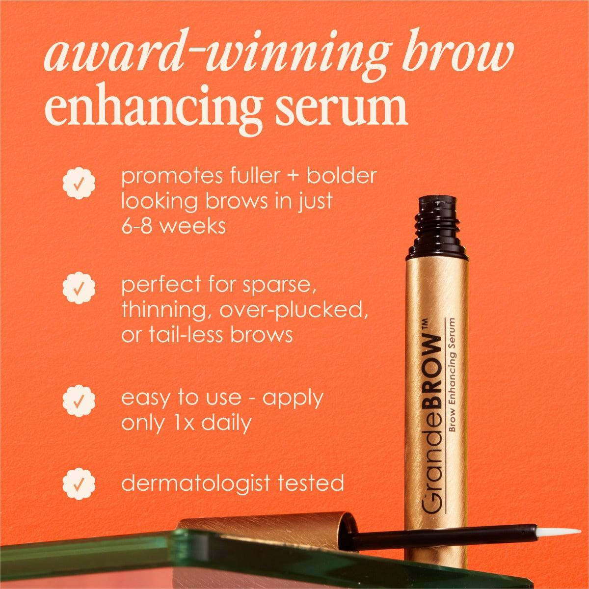 GrandeBROW wand with list of product benefits