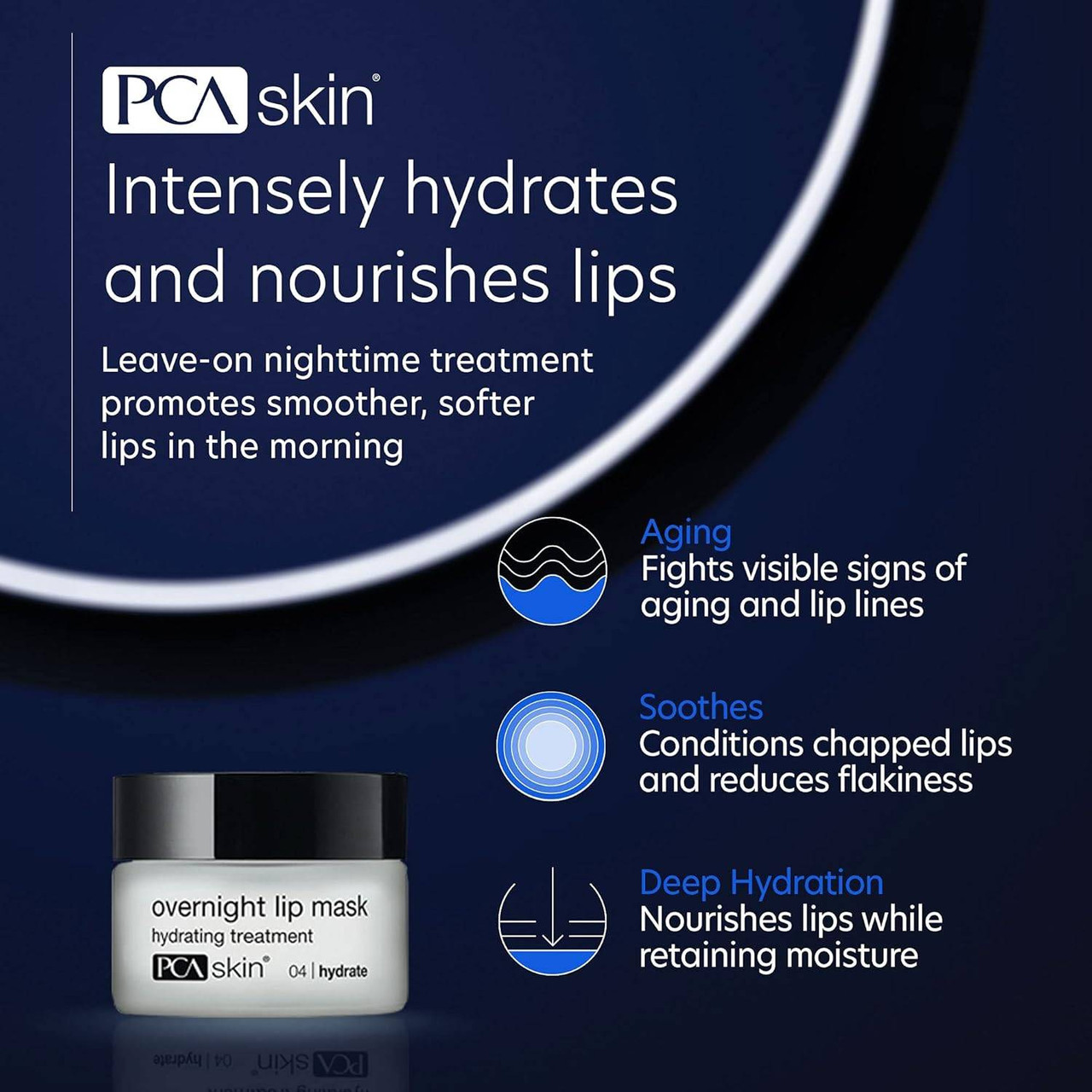Lip mask jar on dark background with hydrating benefit icons