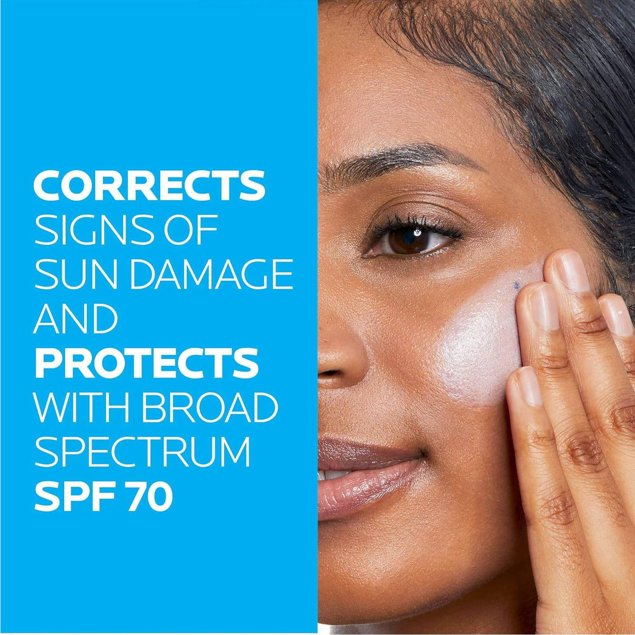 Woman applying sunscreen to her cheek, corrects and protects with SPF 70 text