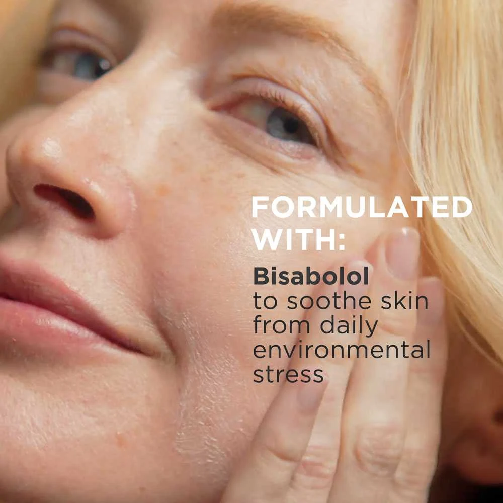 Close-up of a woman's face, formulated with bisabolol text