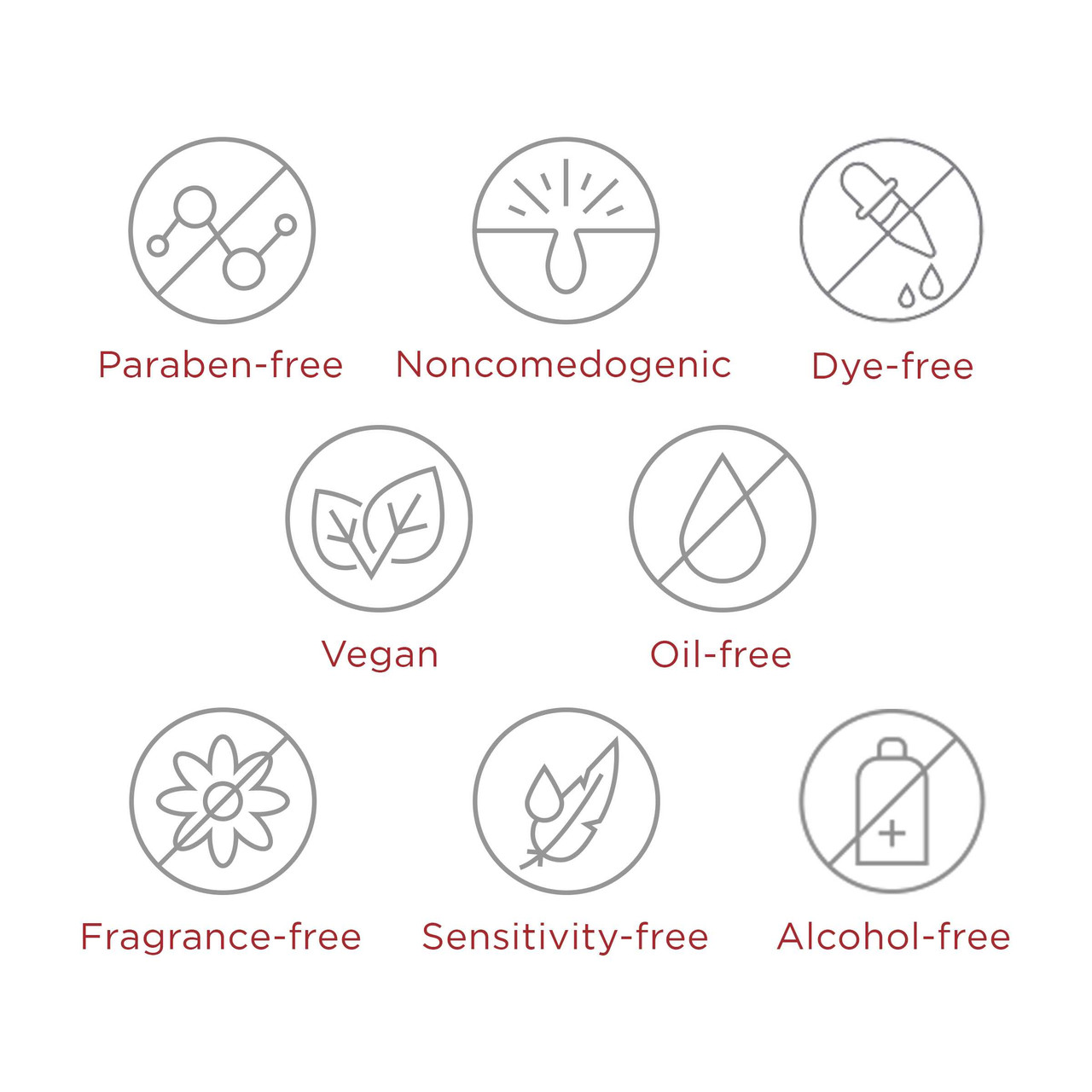 Icons: paraben-free, noncomedogenic, dye-free, vegan, oil-free, fragrance-free