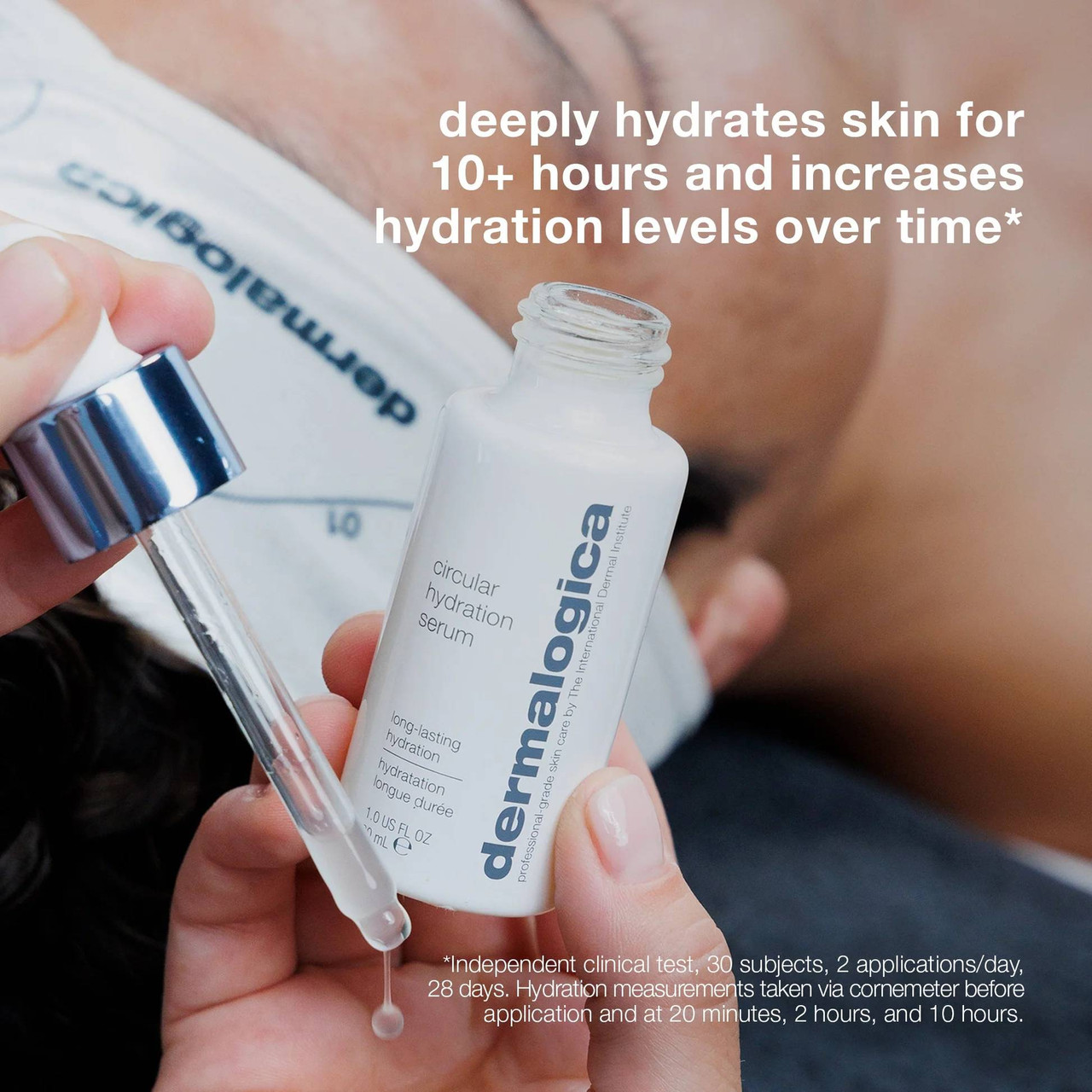 Hands holding serum dropper, deeply hydrates skin for 10+ hours text