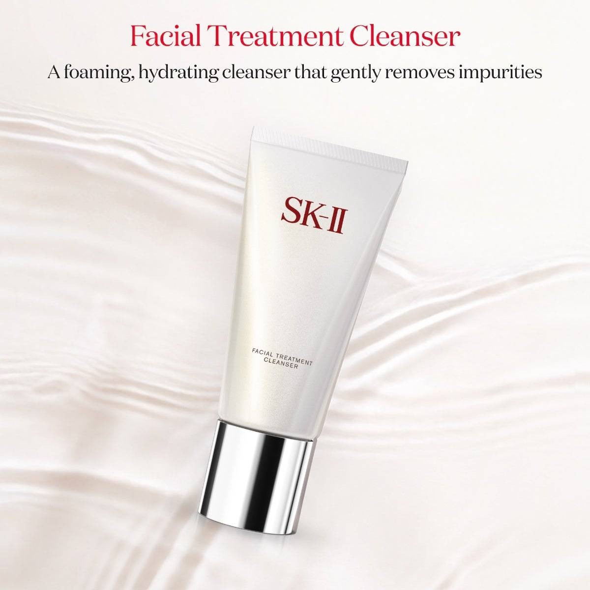 SK-II Facial Treatment Cleanser tube on a silky background