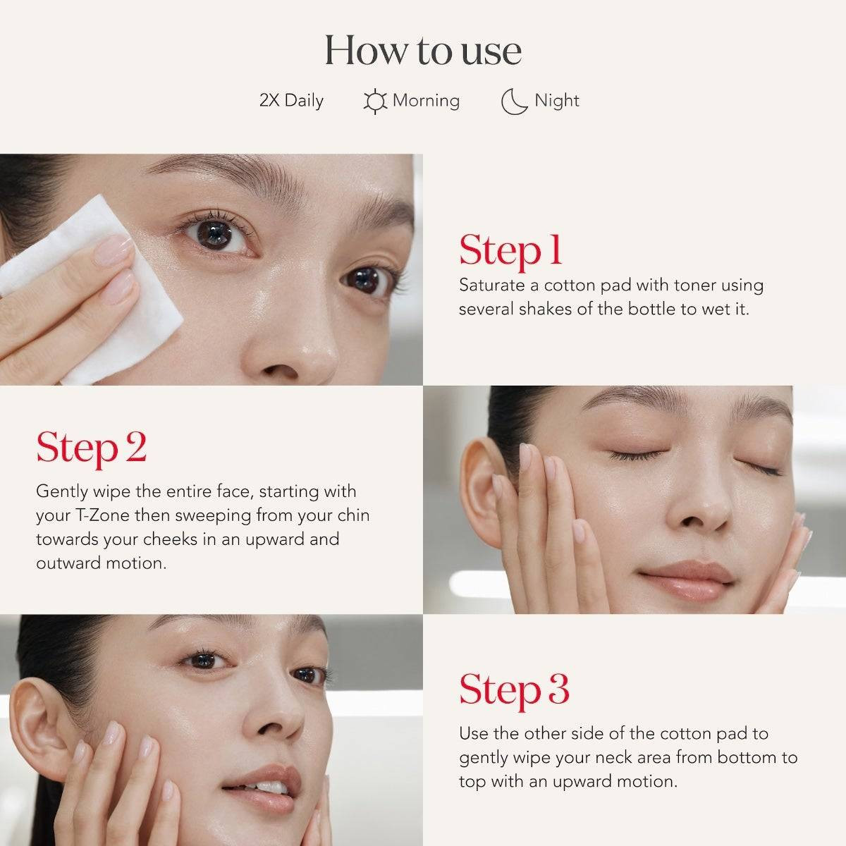 Three-step how to use guide with a cotton pad on the face