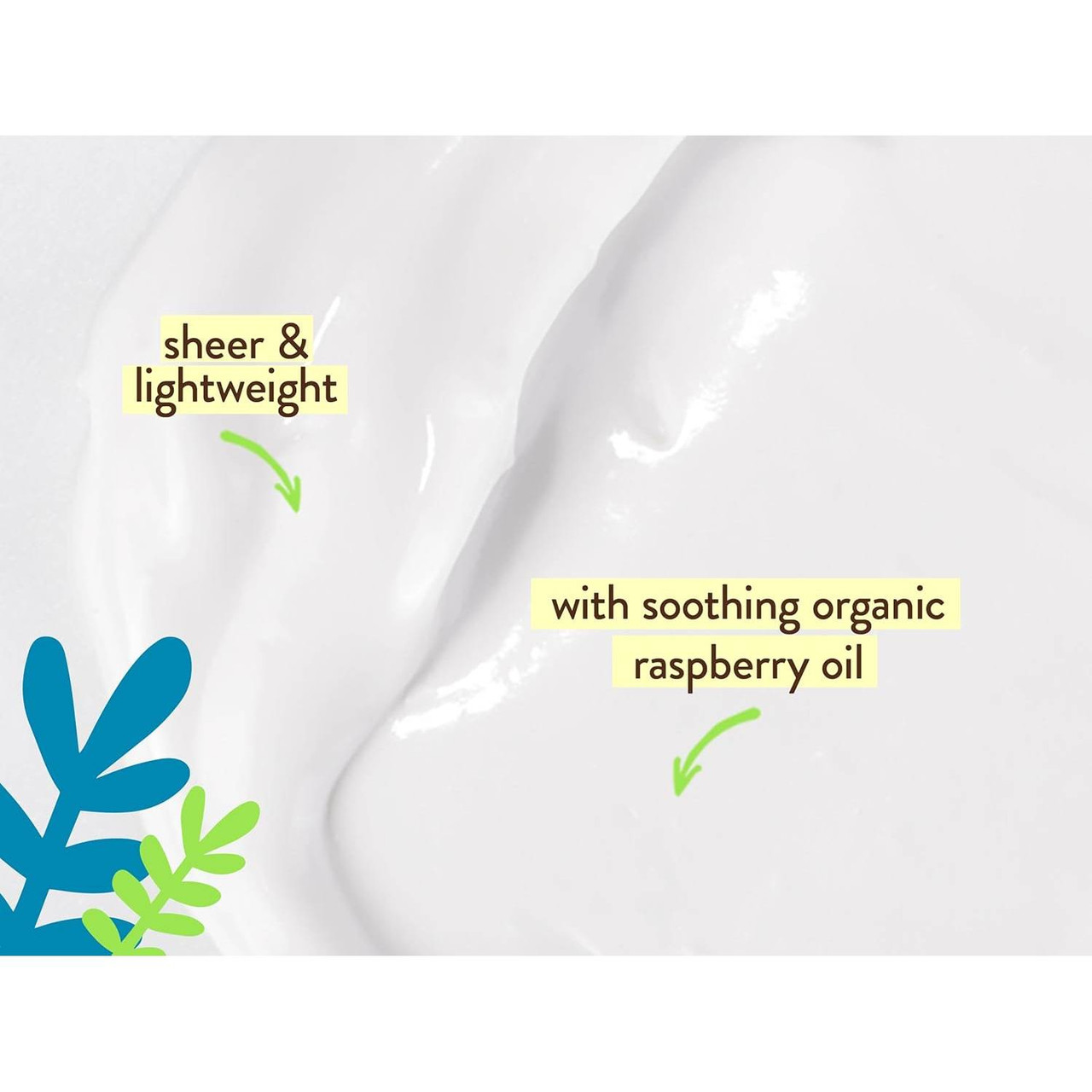 Sheer lightweight sunscreen texture with organic raspberry oil callout