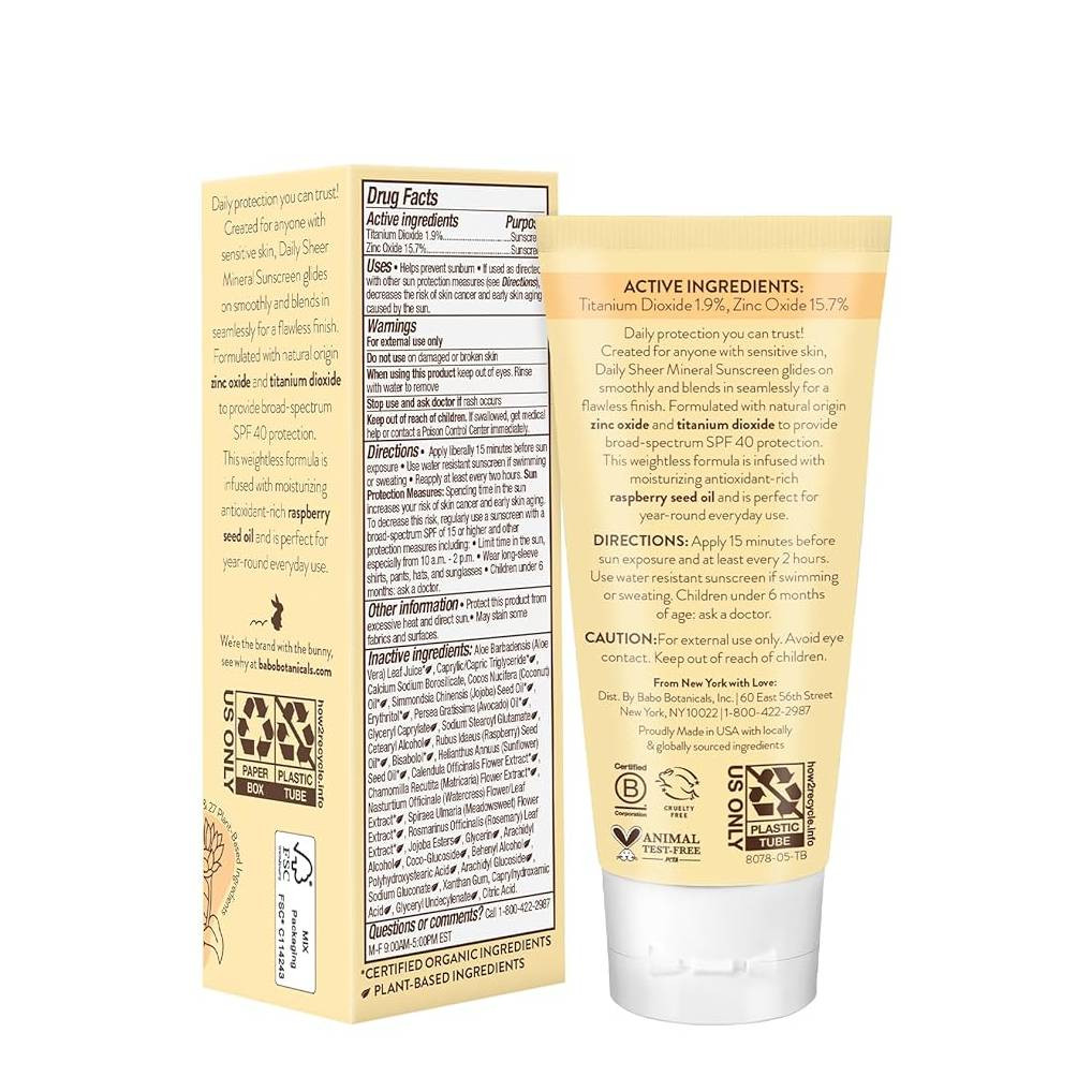 Babo Botanicals SPF 40 sunscreen tube with its box showing drug facts