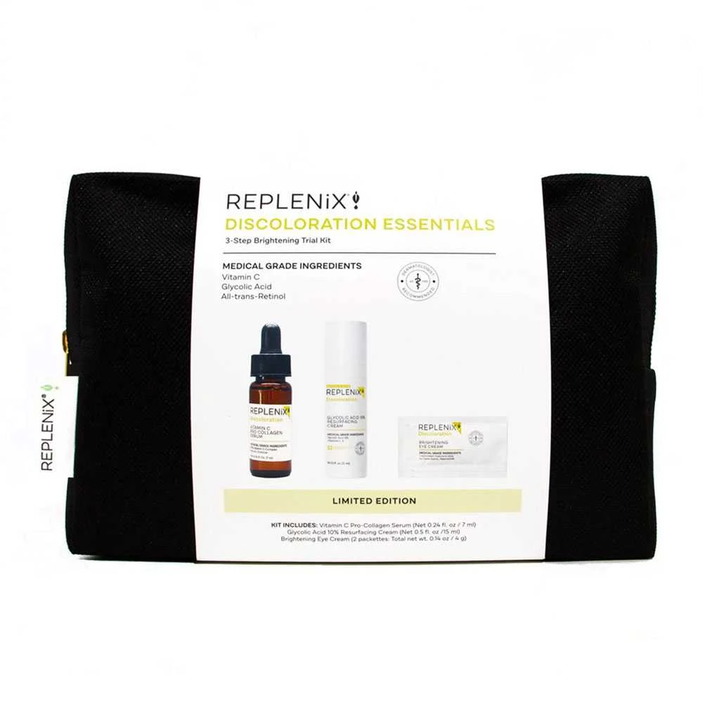 Replenix Discoloration Essentials 3 Step Brightening Trial Kit with serum, cream, eye cream and pouch