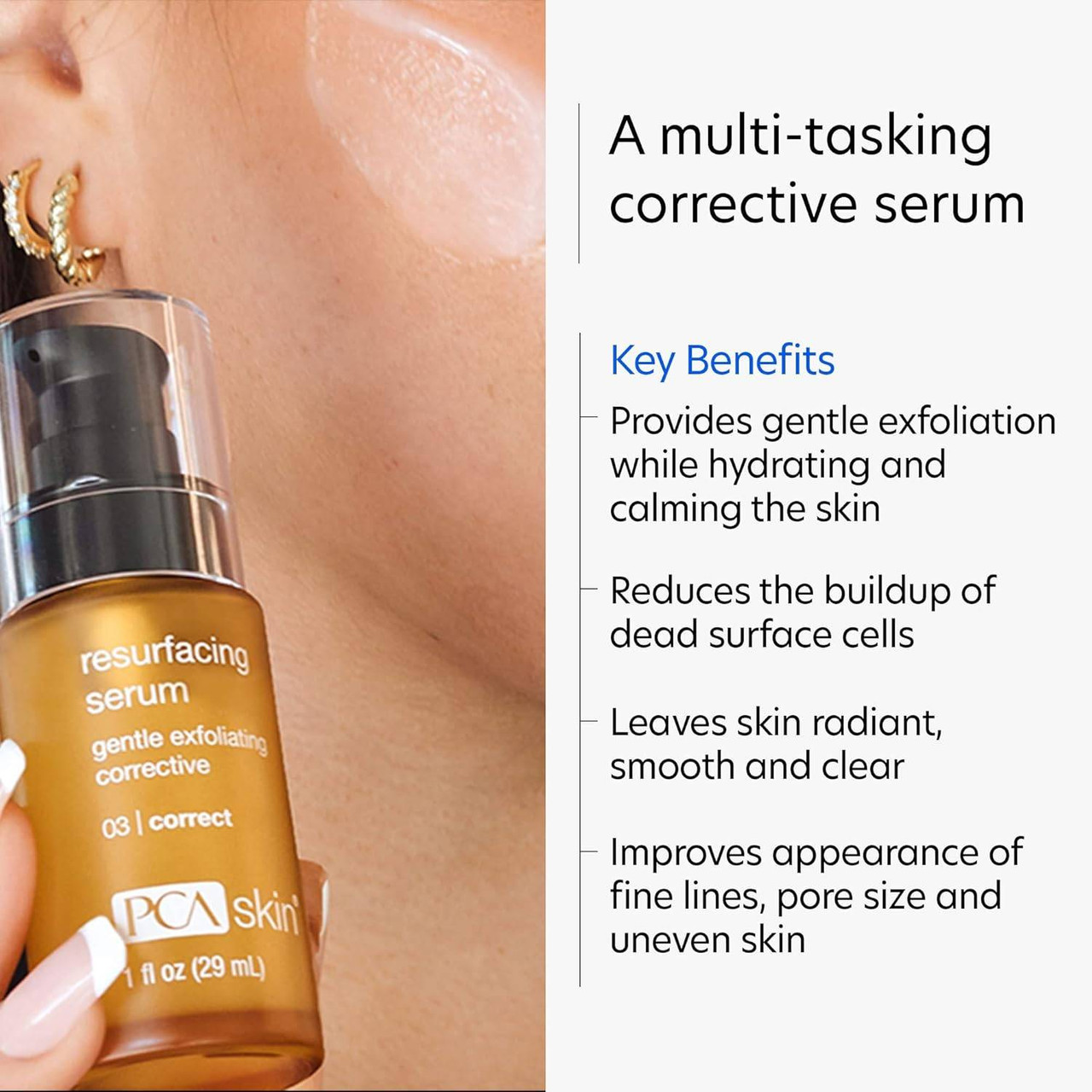Resurfacing Serum bottle held near a cheek with key benefits list