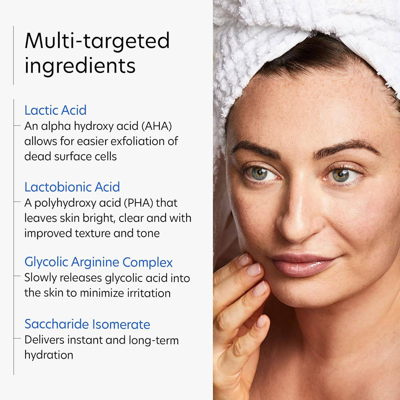Woman in a hair towel with multi-targeted ingredients list