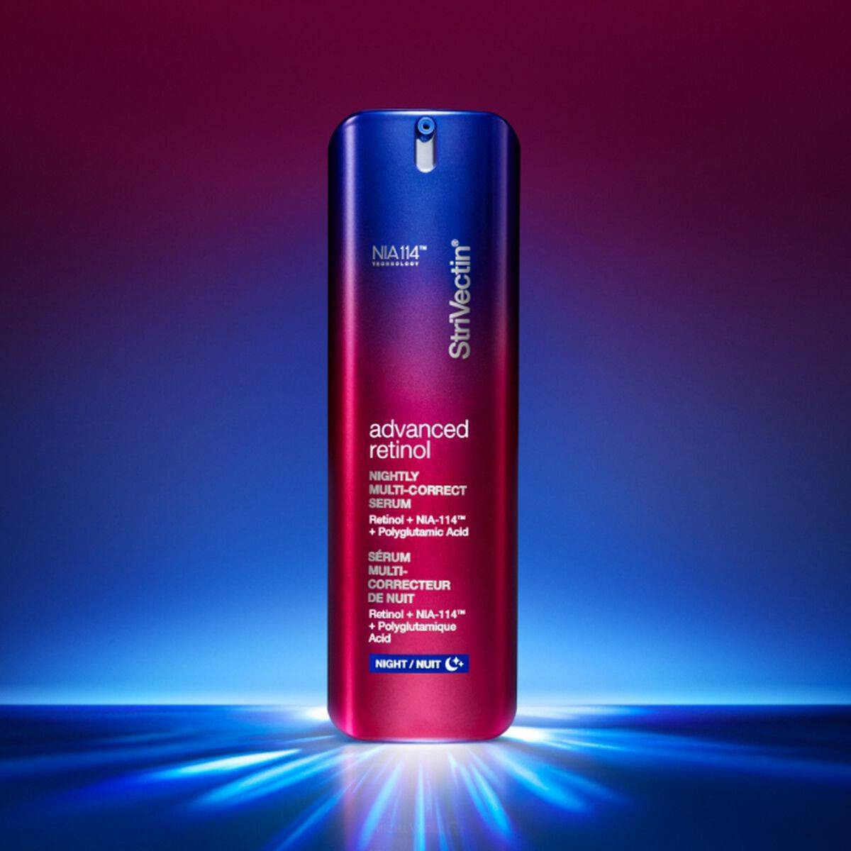 StriVectin Advanced Retinol serum bottle on a lit pedestal
