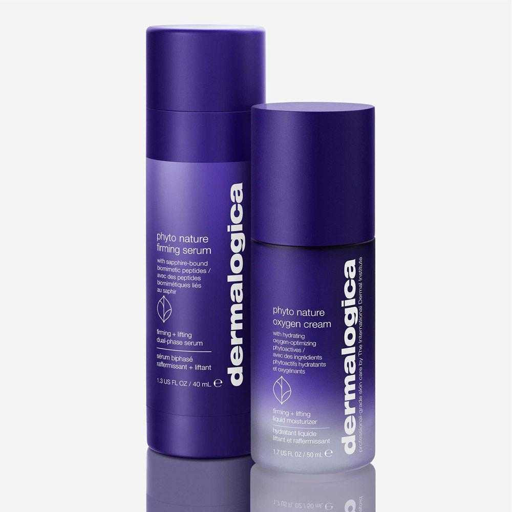 Dermalogica Phyto-Nature Firming Serum and Oxygen Cream purple bottles side by side