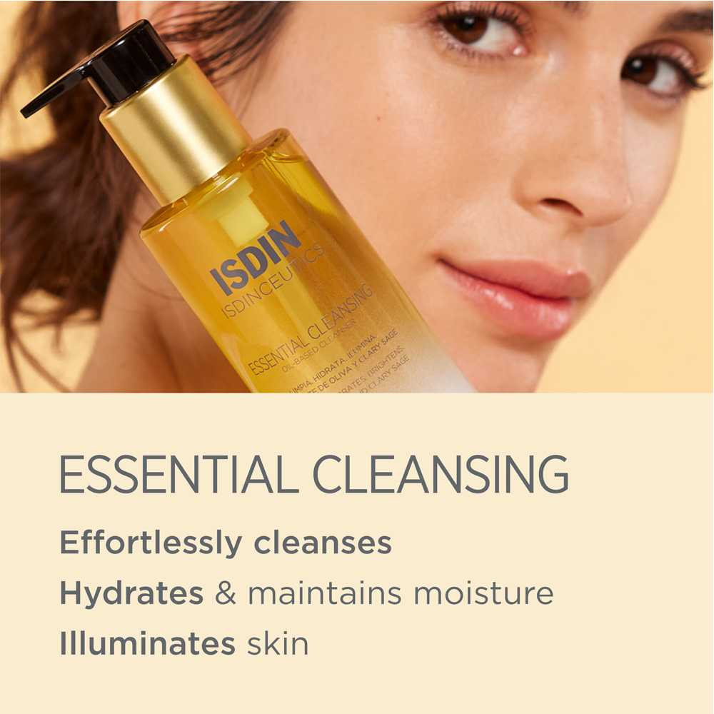 Woman with ISDIN cleansing oil bottle and Essential Cleansing text