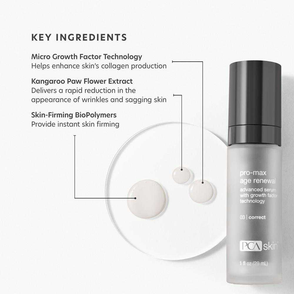 Pro-Max Age Renewal key ingredients: micro growth factor, kangaroo paw flower, biopolymers