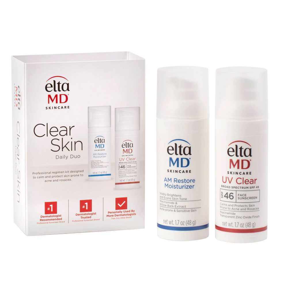 EltaMD Clear Skin Daily Duo kit box with AM Restore Moisturizer and UV Clear SPF 46
