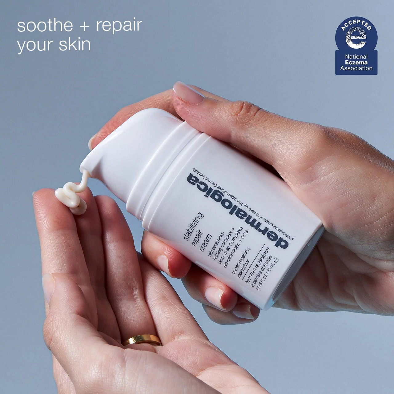 Hands dispensing Stabilizing Repair Cream, soothe and repair your skin text