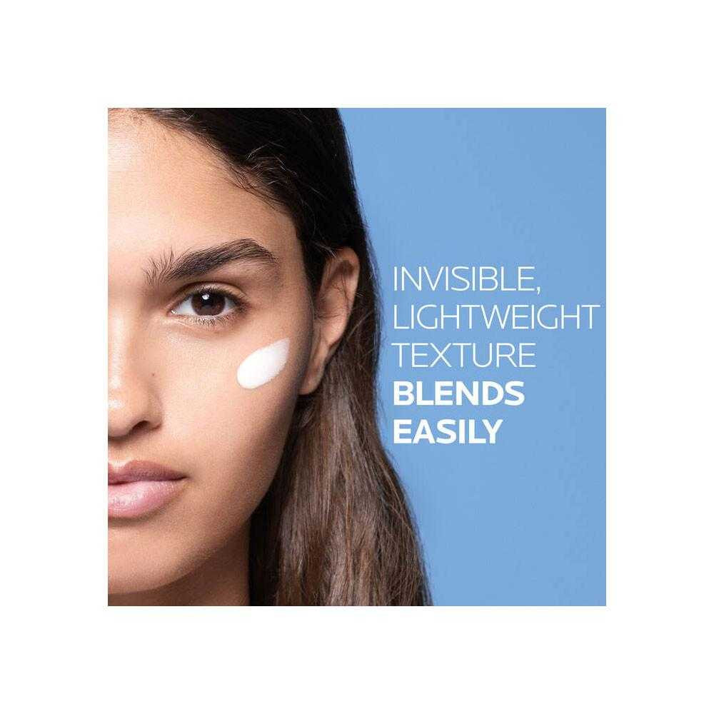Woman with a dab of sunscreen on her cheek, invisible lightweight texture text