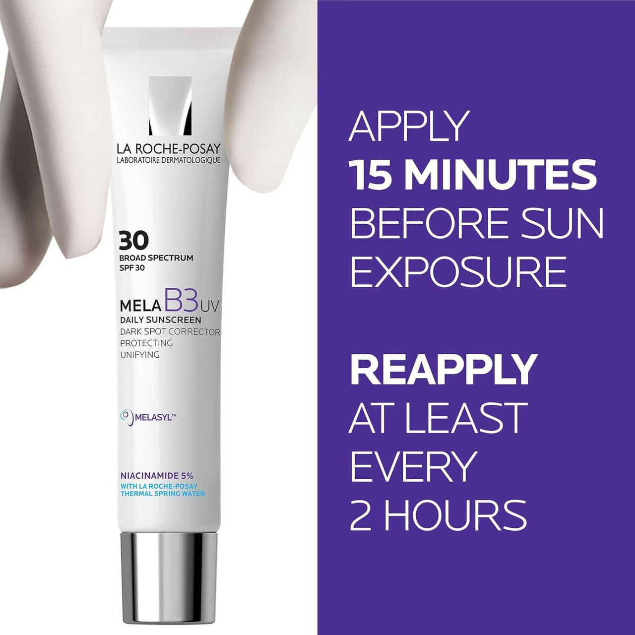 Mela B3 UV tube with apply 15 minutes before sun and reapply every 2 hours text