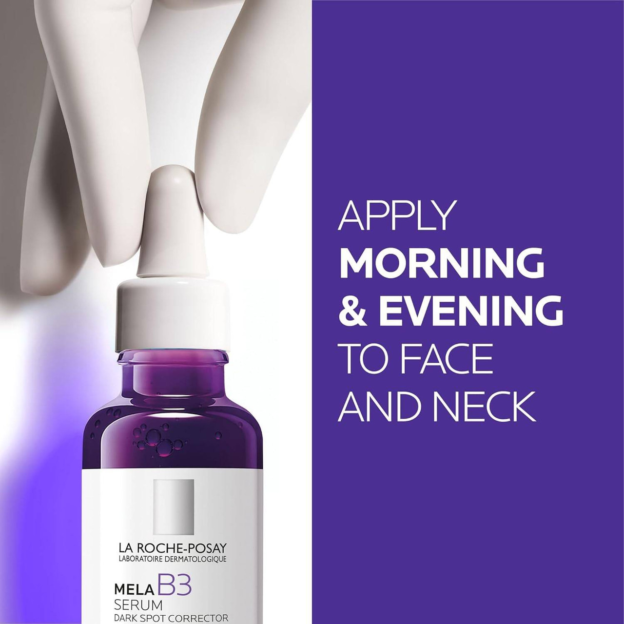 Gloved hand with Mela B3 dropper and apply morning and evening to face and neck text