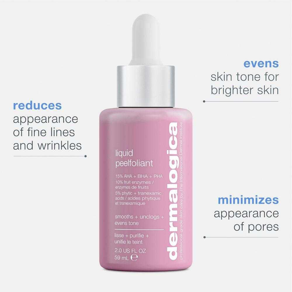 Liquid Peelfoliant bottle with callouts on fine lines, skin tone and pores