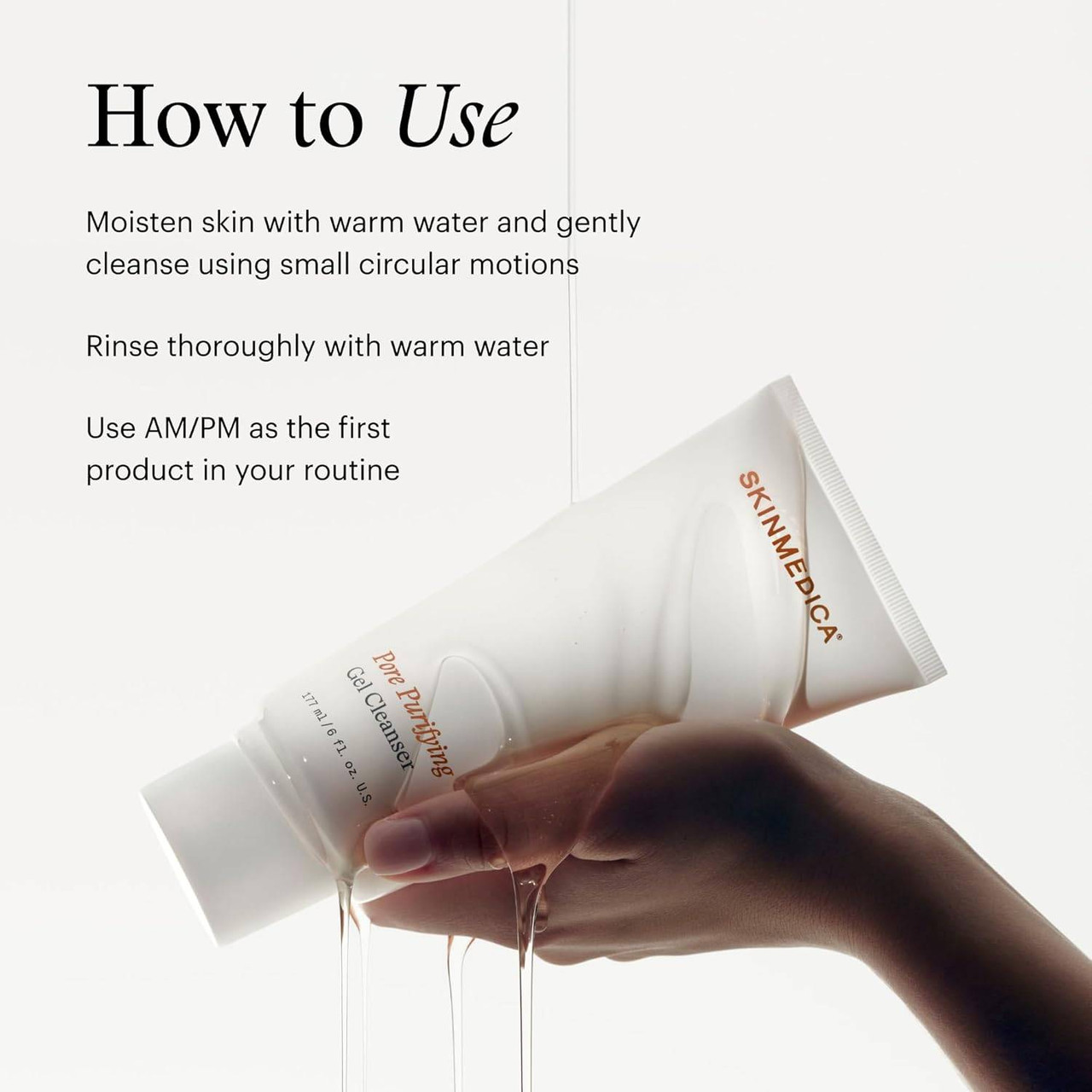 Hand squeezing gel cleanser from the tube with how to use steps