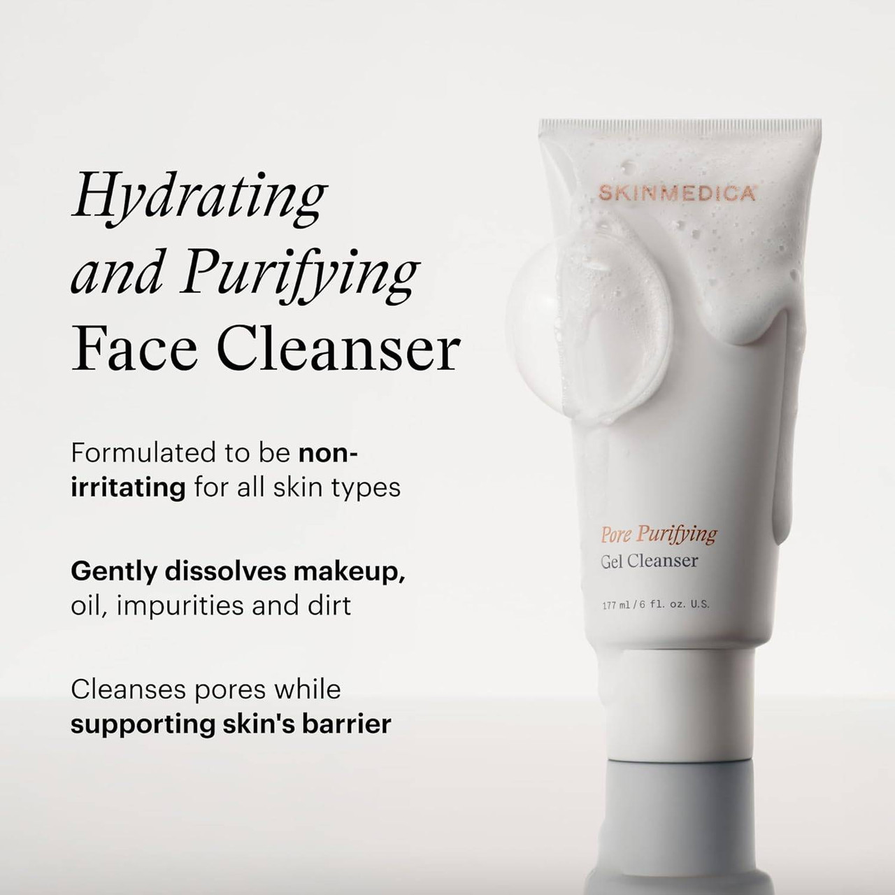Foamy cleanser tube with hydrating and purifying text
