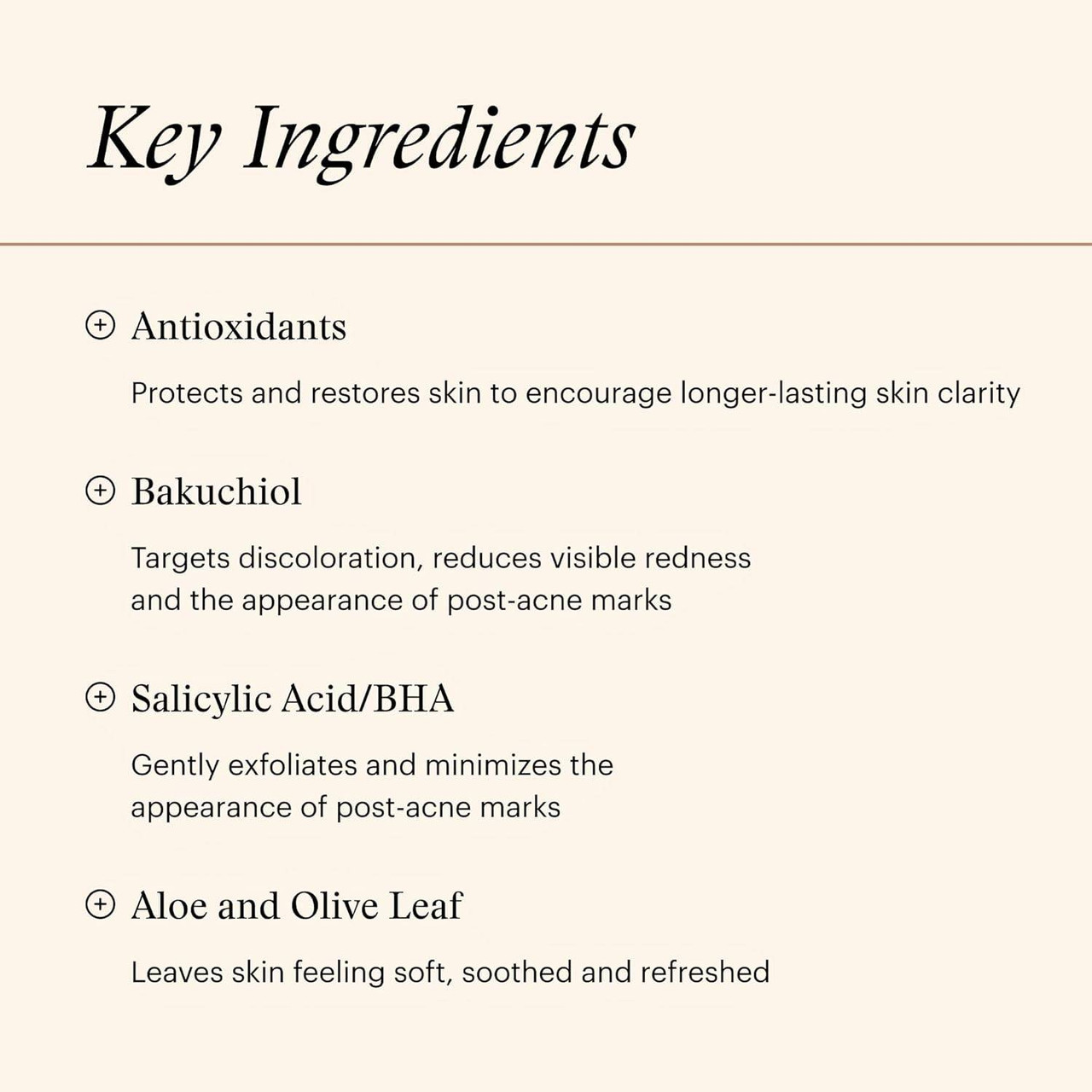 Key ingredients list: antioxidants, bakuchiol, salicylic acid, aloe and olive leaf