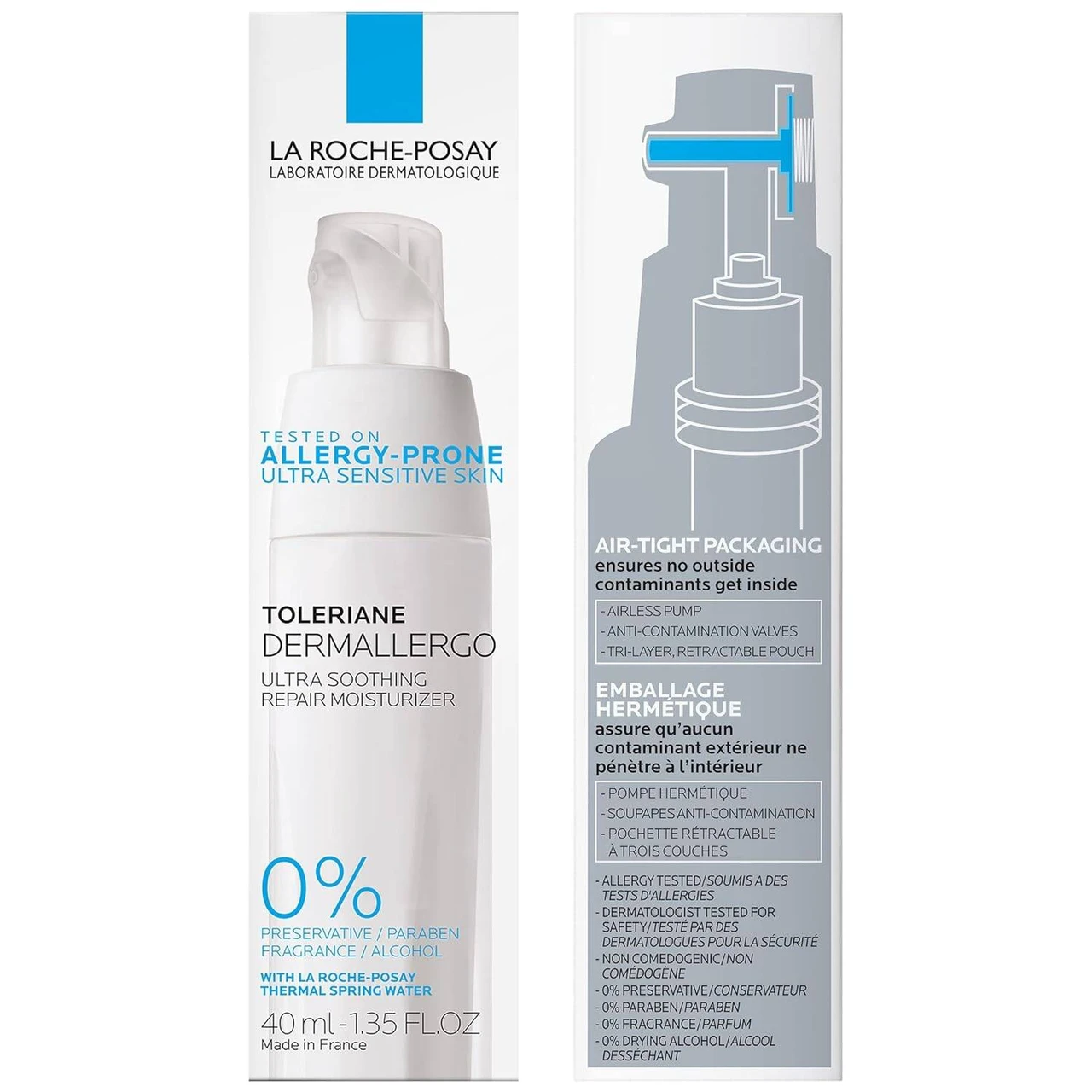 La Roche-Posay Toleriane Dermallergo 40 mL box and airtight packaging diagram