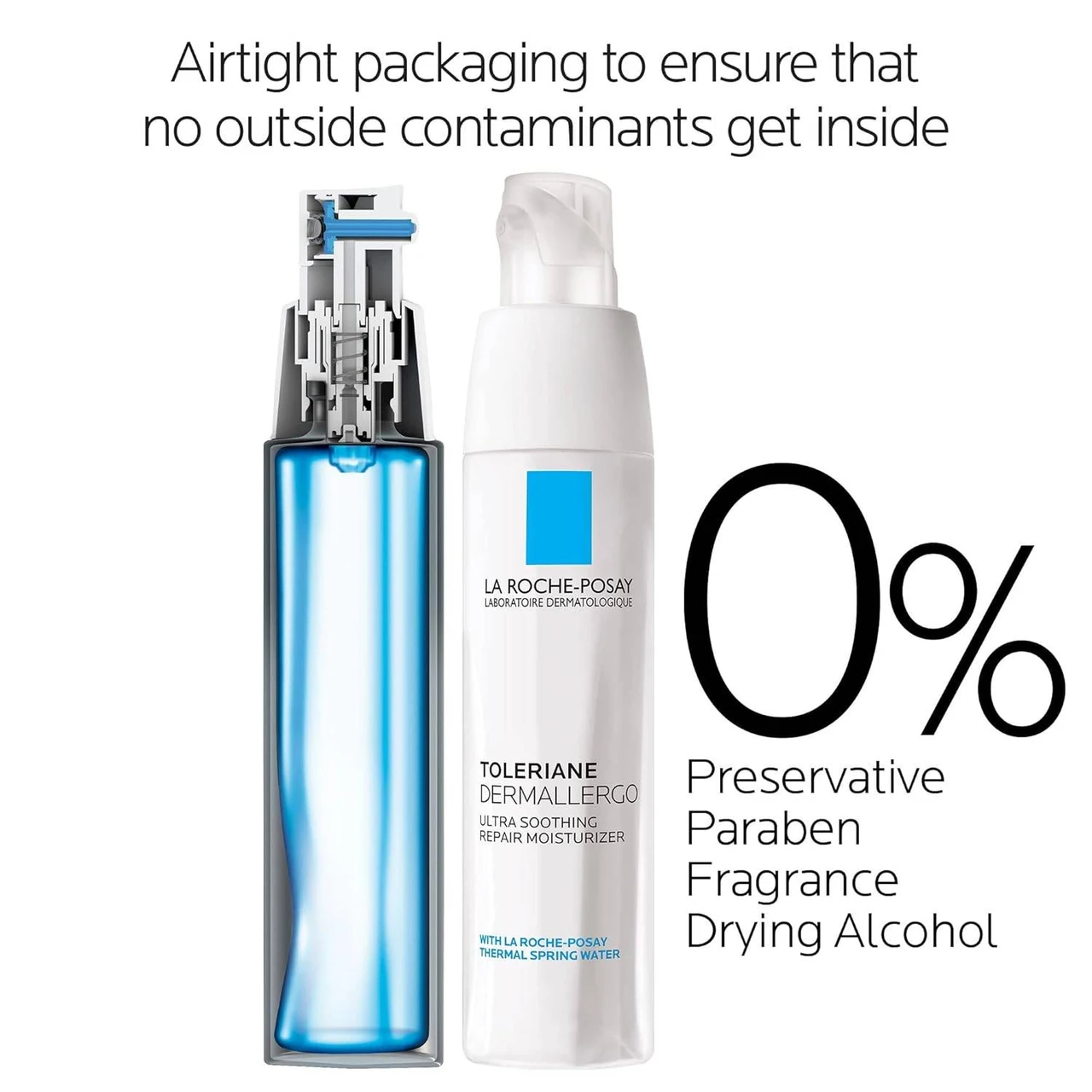 Toleriane Dermallergo airtight packaging cutaway with 0% preservative, paraben, fragrance text