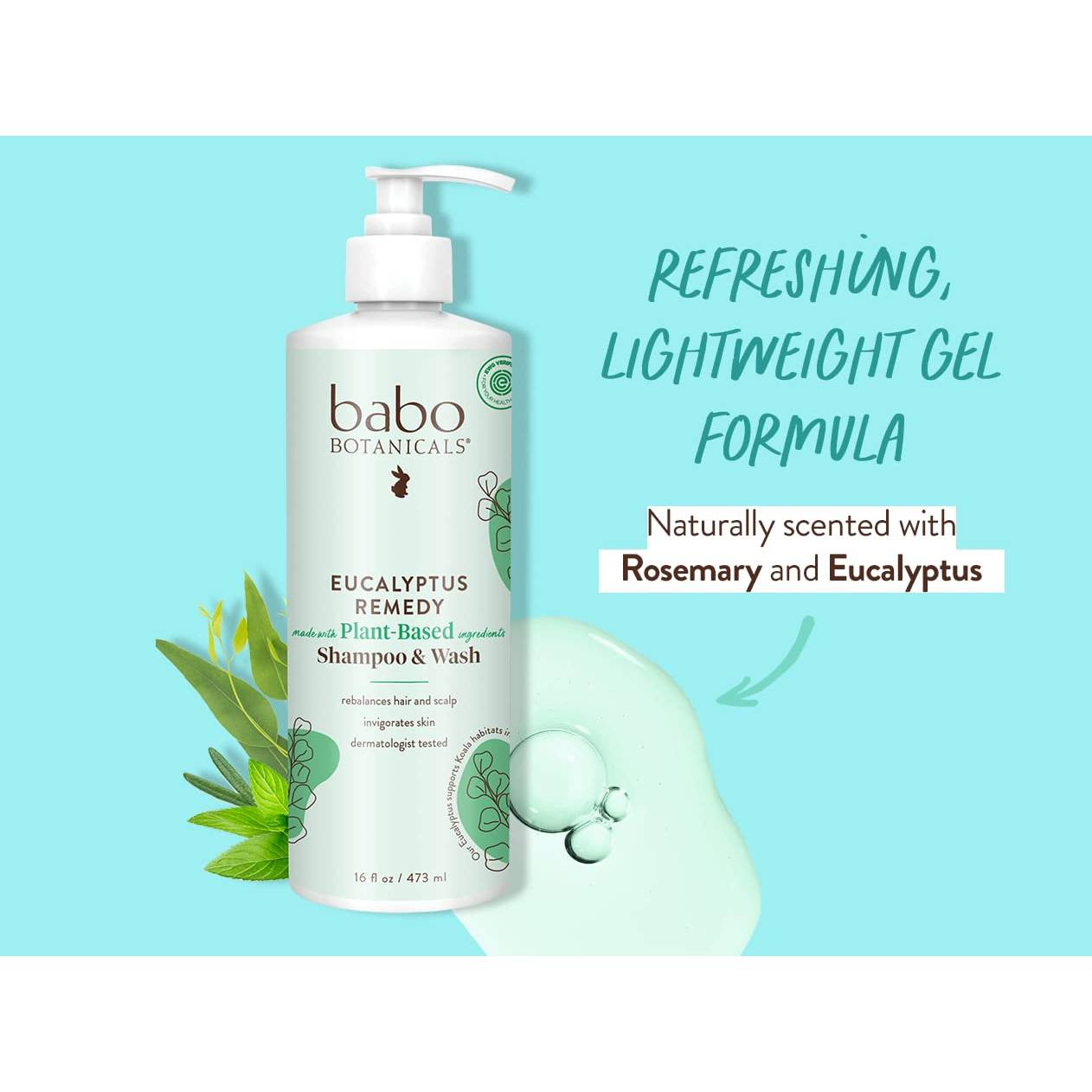Babo pump bottle with eucalyptus, refreshing lightweight gel formula graphic