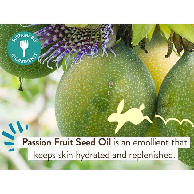 Passion fruit on the vine with passion fruit seed oil ingredient text