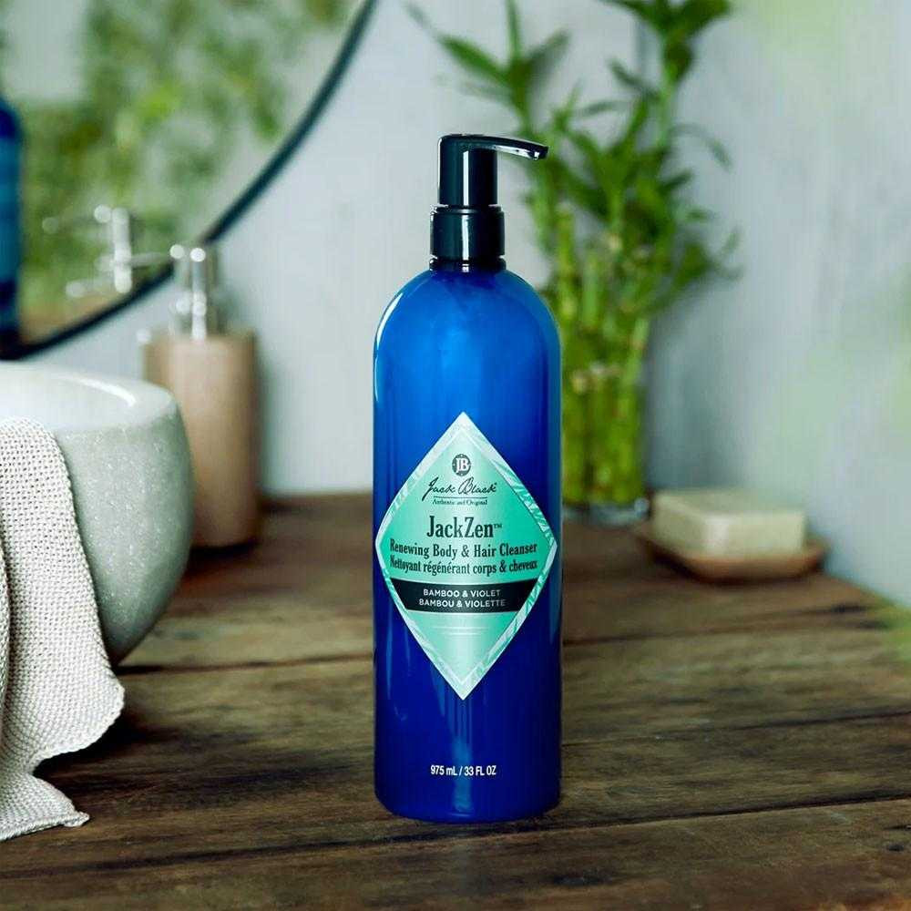 33 oz JackZen pump bottle on a wooden bathroom shelf