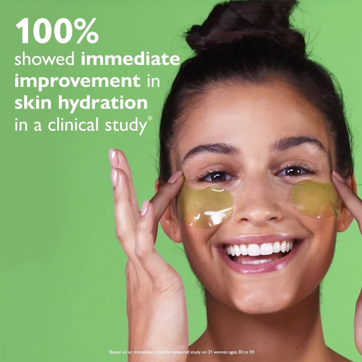 Smiling model wearing Cucumber De-Tox gel patches under her eyes