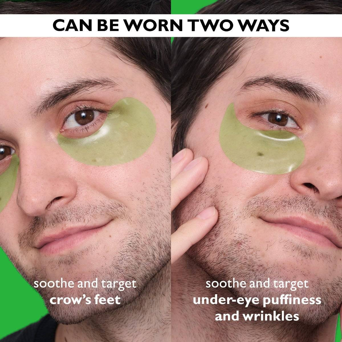 Man showing two ways to wear the eye patches: crow's feet and under-eye