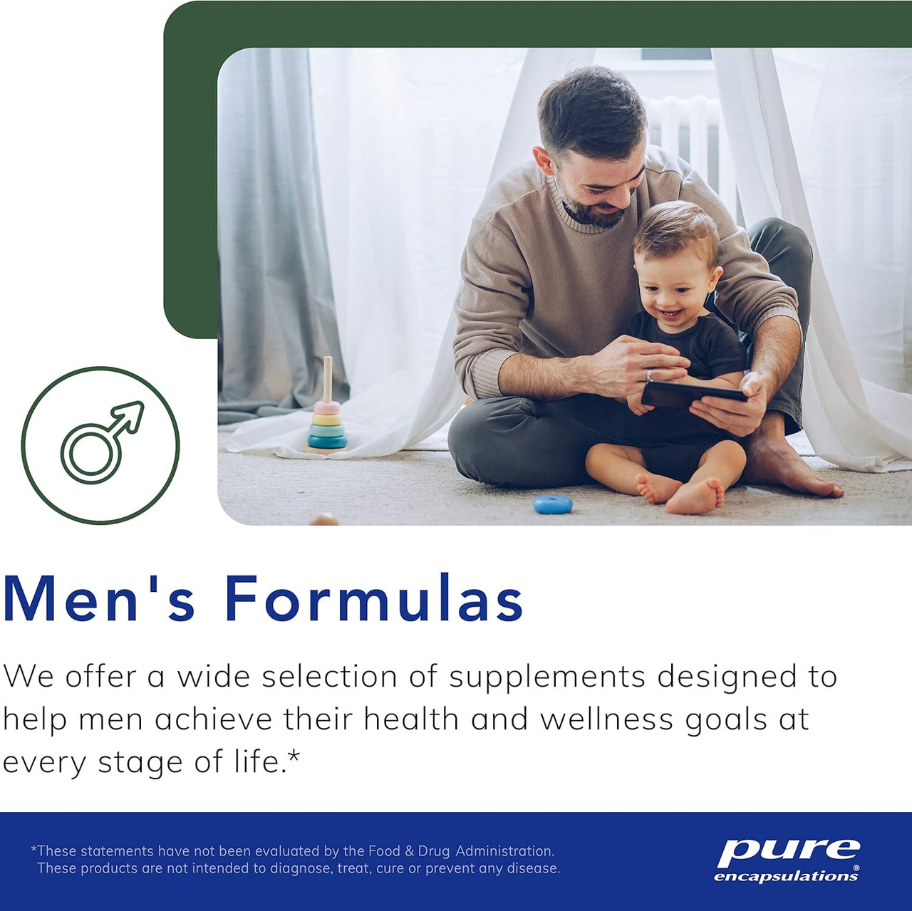 Father and child reading together with Men's Formulas text