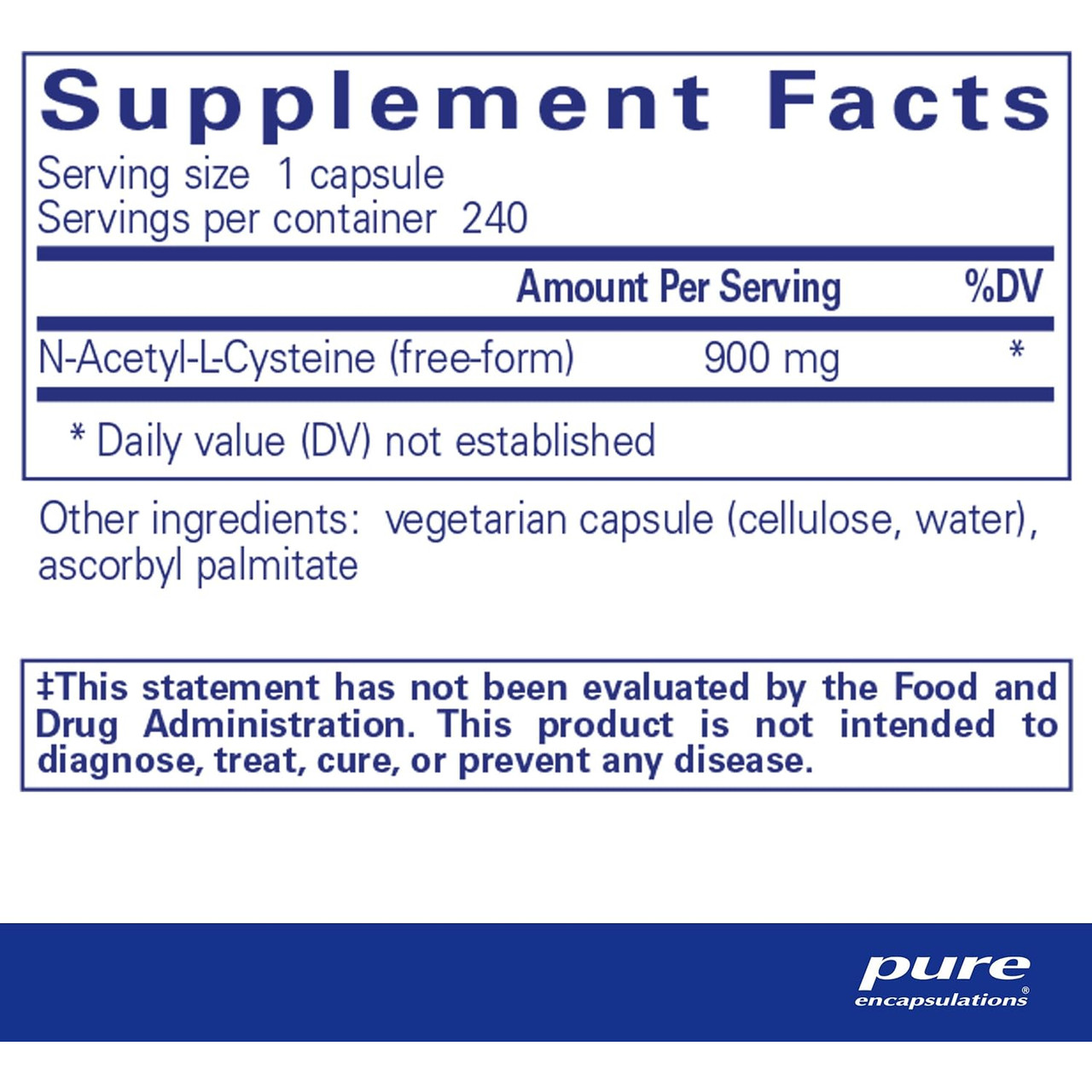 Supplement facts panel for the 240 capsule size