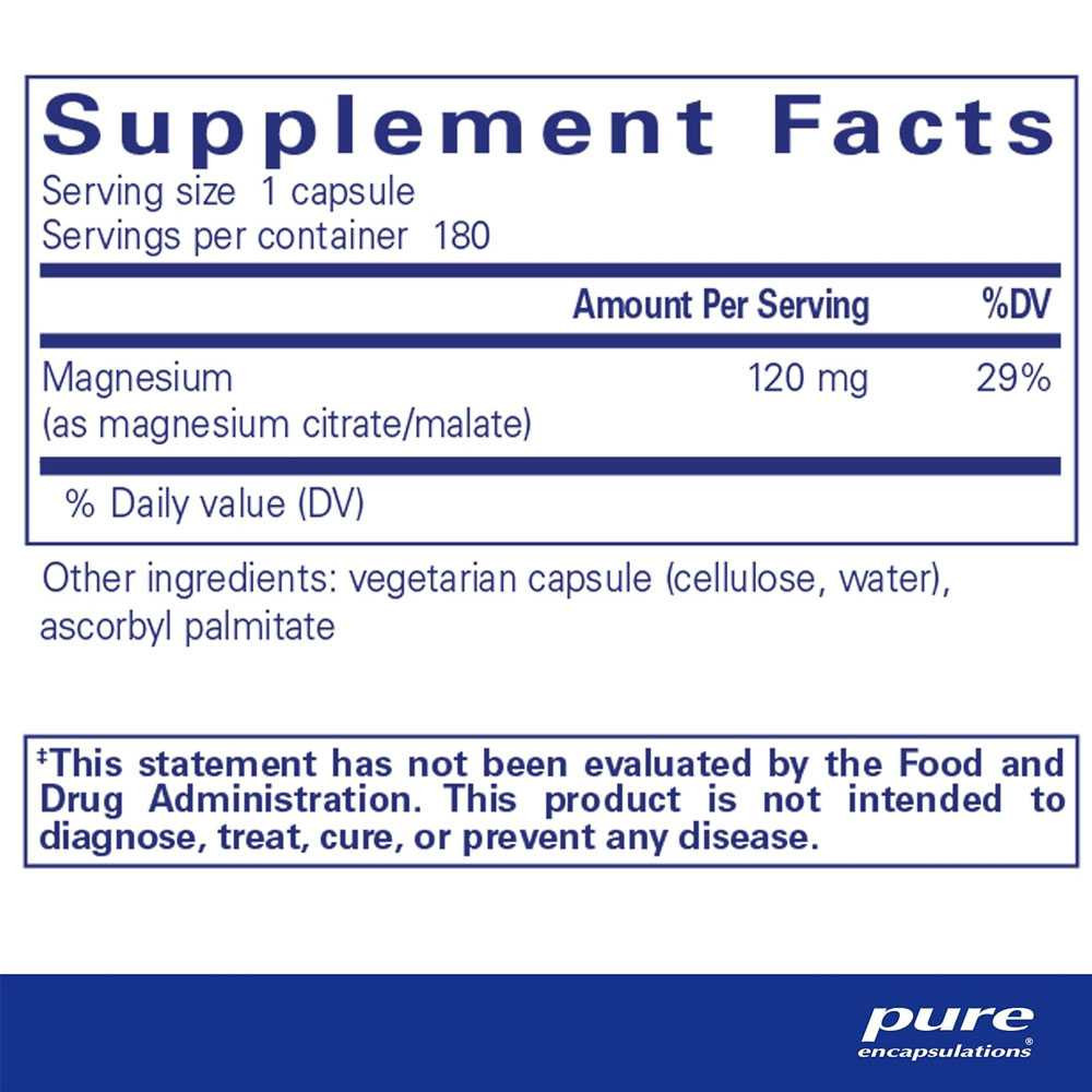 Magnesium citrate malate Supplement Facts 120 mg magnesium panel