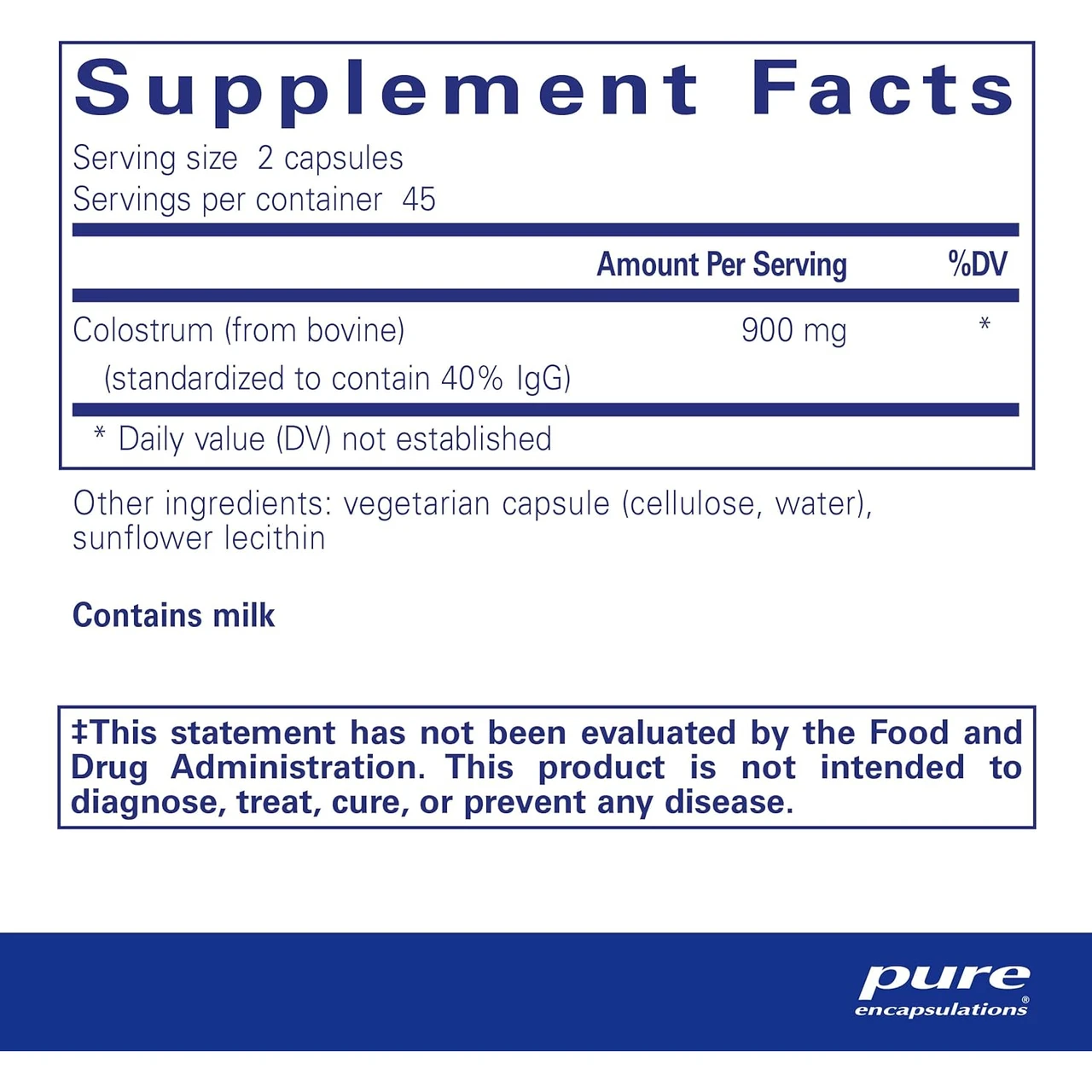 Colostrum 90 capsule supplement facts panel