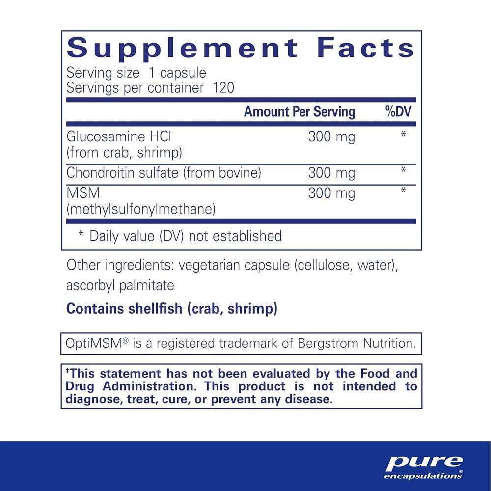 Glucosamine Chondroitin with MSM supplement facts panel, 120 capsule size