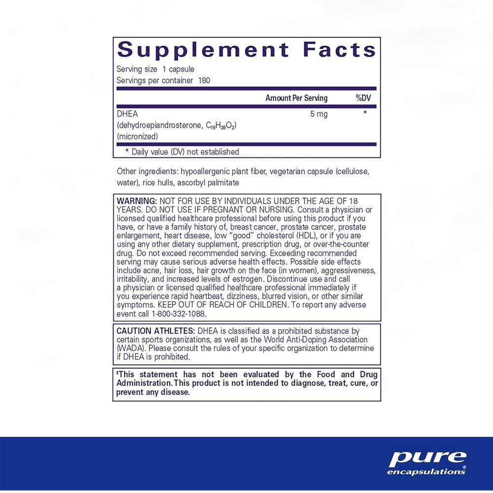 DHEA supplement facts panel with warnings