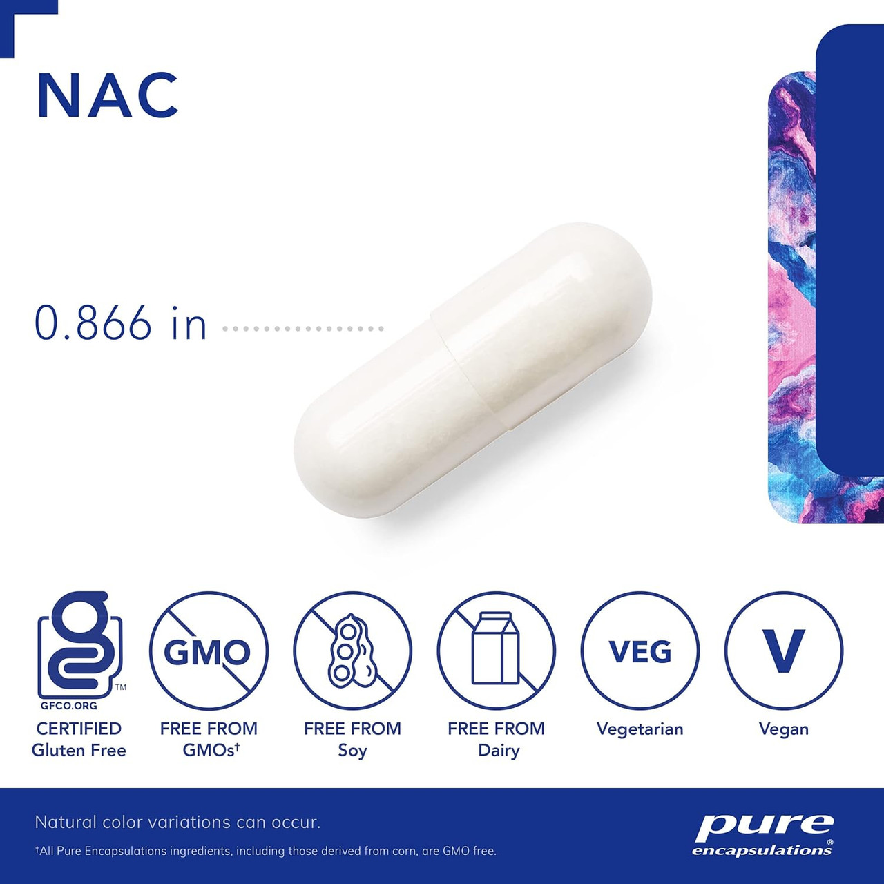 NAC capsule with size marker and free-from icons