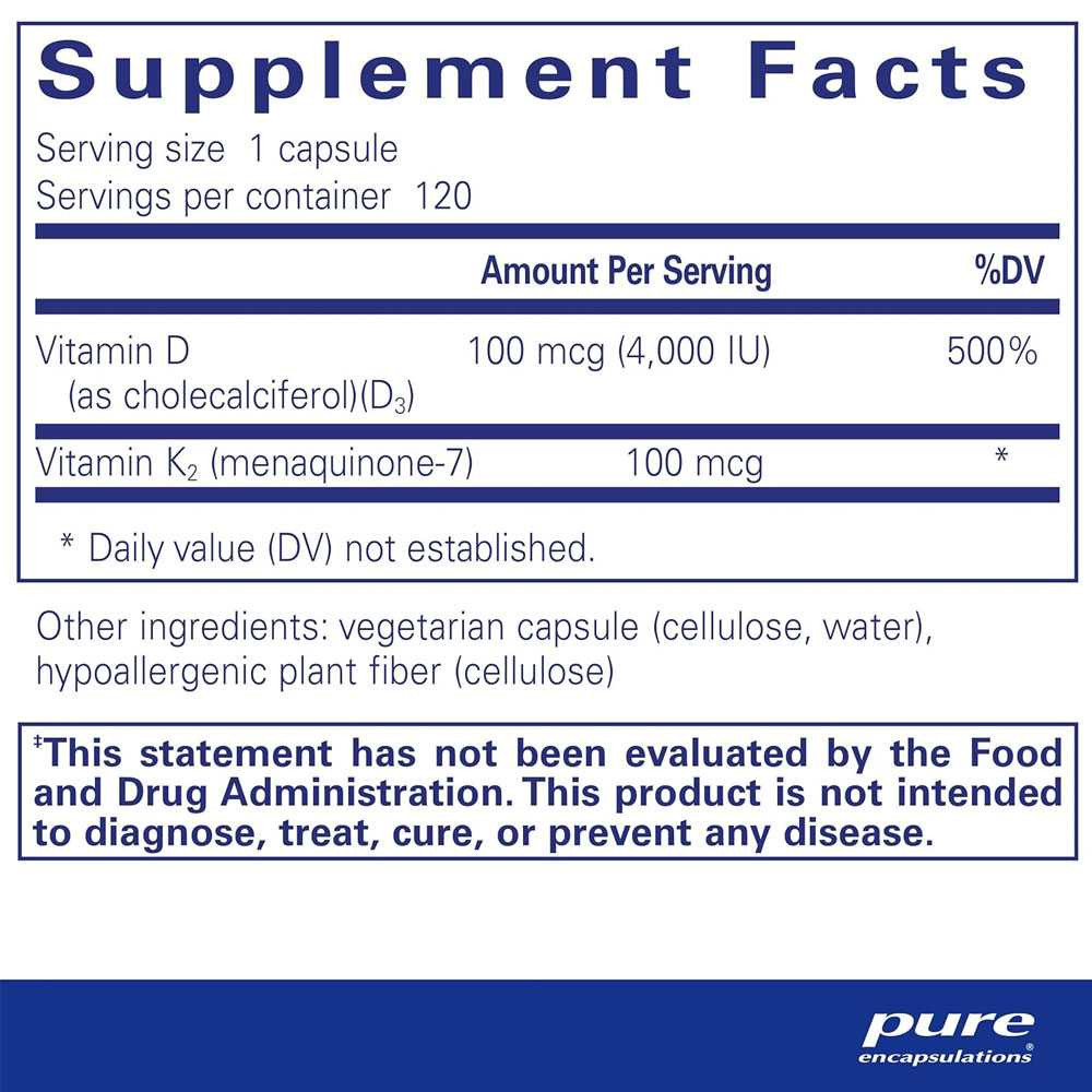 Vitamin D3 and K2 supplement facts, 1 capsule serving, 120 servings