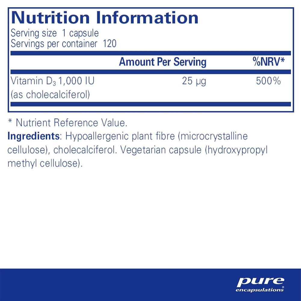 Vitamin D3 nutrition information, 25 mcg (1,000 IU) per capsule, 120 servings