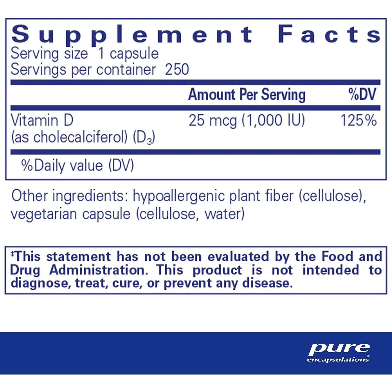 Vitamin D3 supplement facts, 25 mcg (1,000 IU) per capsule, 250 servings