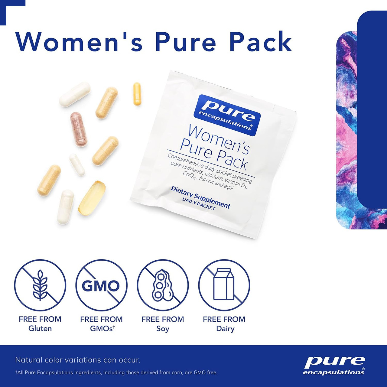 Women's Pure Pack packet with capsules and free-from icons