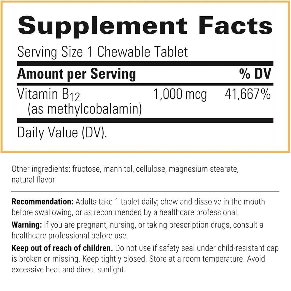 B12-Active supplement facts, 1,000 mcg vitamin B12 as methylcobalamin per chewable tablet