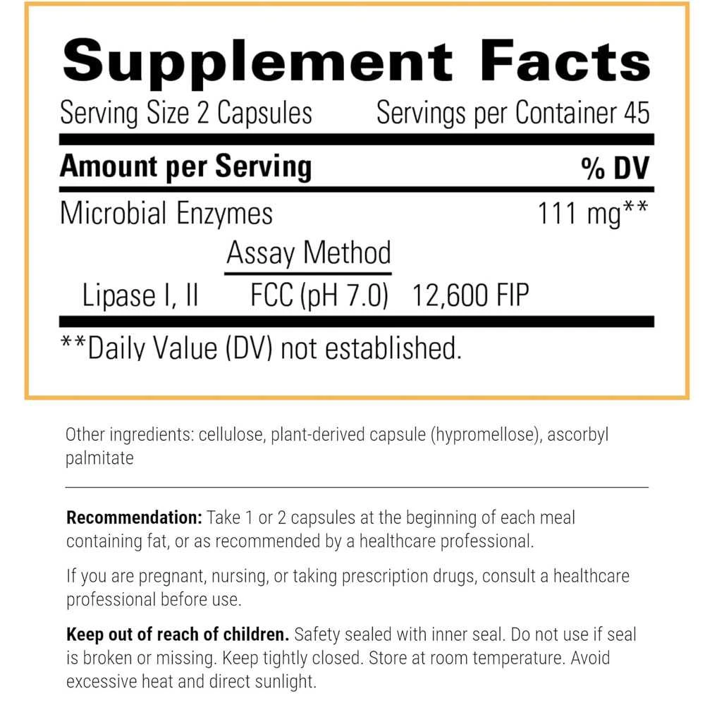 Integrative Therapeutics Lipase Concentrate-HP supplement facts panel with directions