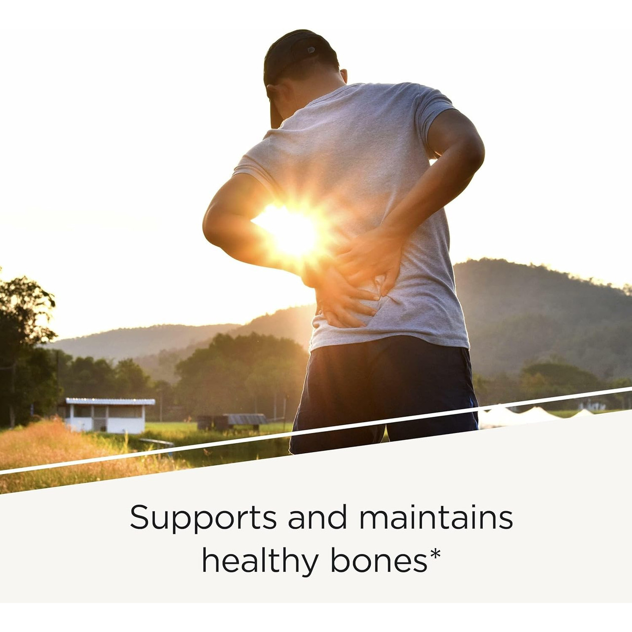 Man stretching outdoors at sunrise with healthy bones text