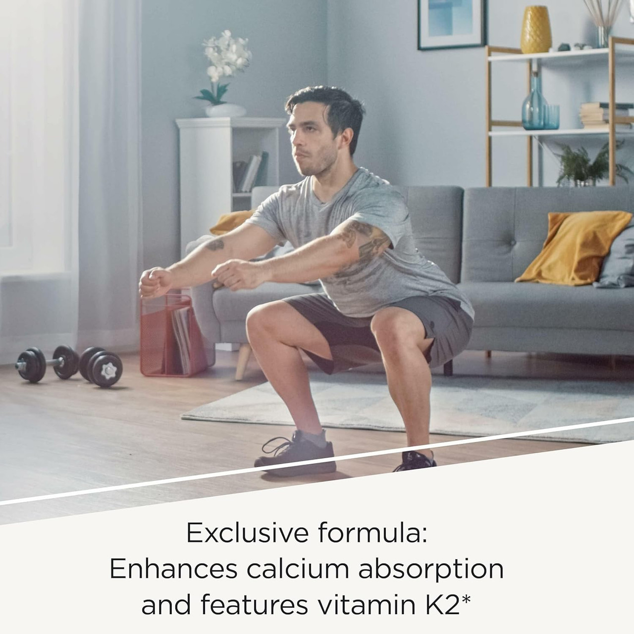 Man doing squats at home with calcium absorption and vitamin K2 text